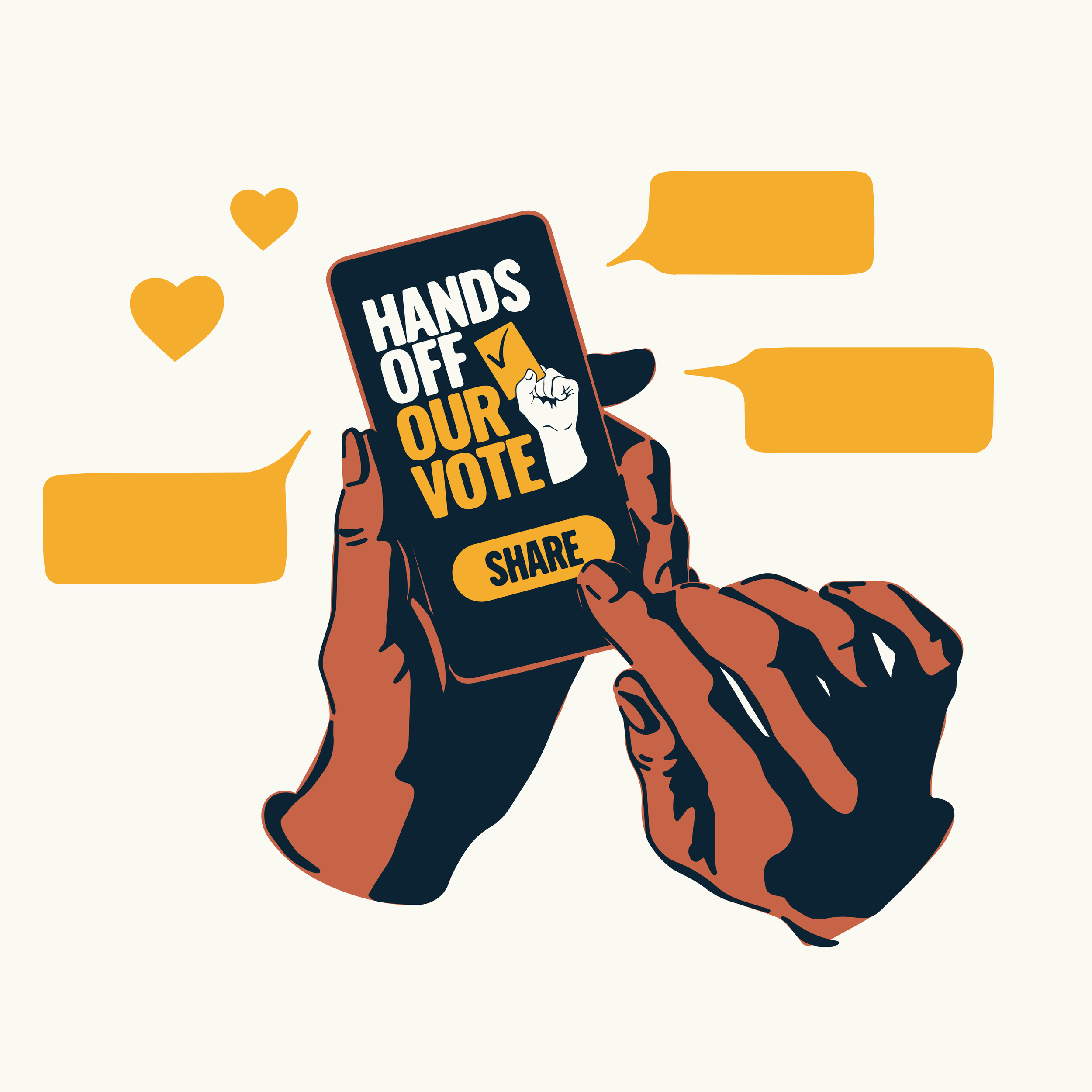 Hands holding a smartphone ready to share the 'Hands Off Our Vote' graphic. 