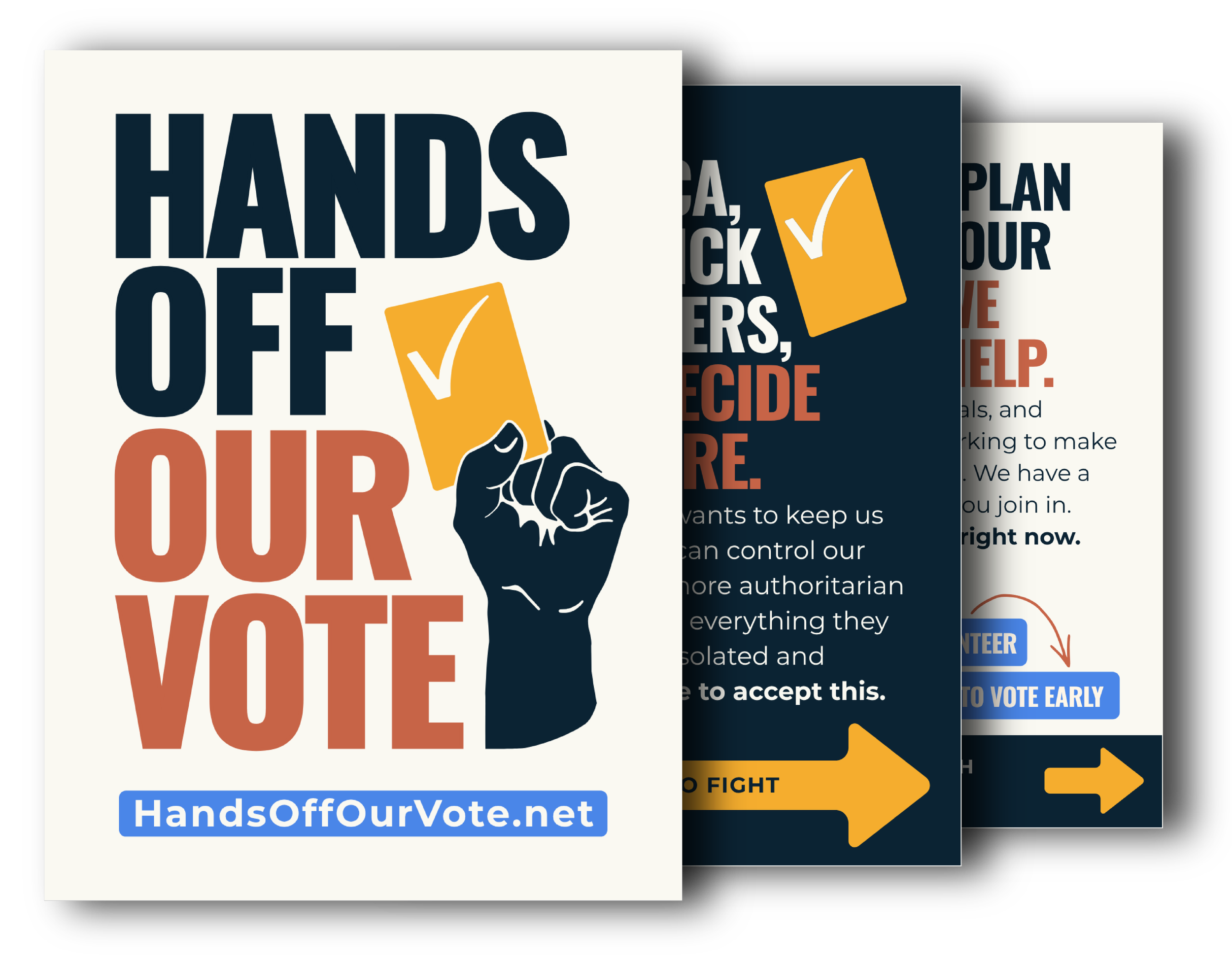 Hands Off Our Vote Campaign launch social post is displayed as a stack of images highlighting the "Hands Off Our Vote" logo as the cover.