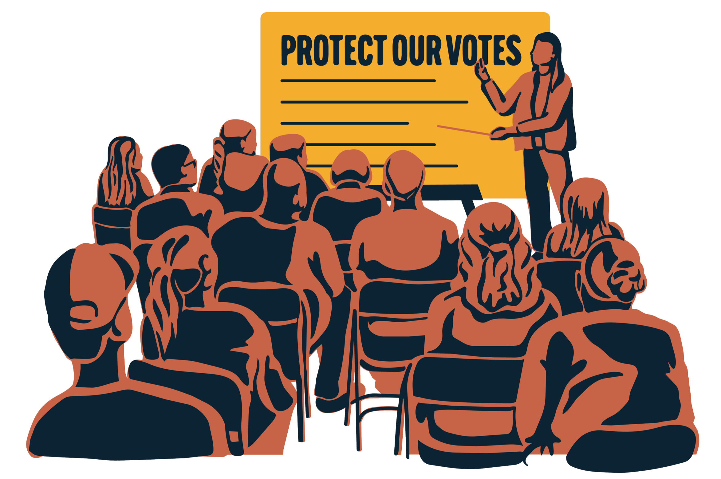 Instructor with a whiteboard that says 'Protect Our Votes' leads a training with a room full of people.