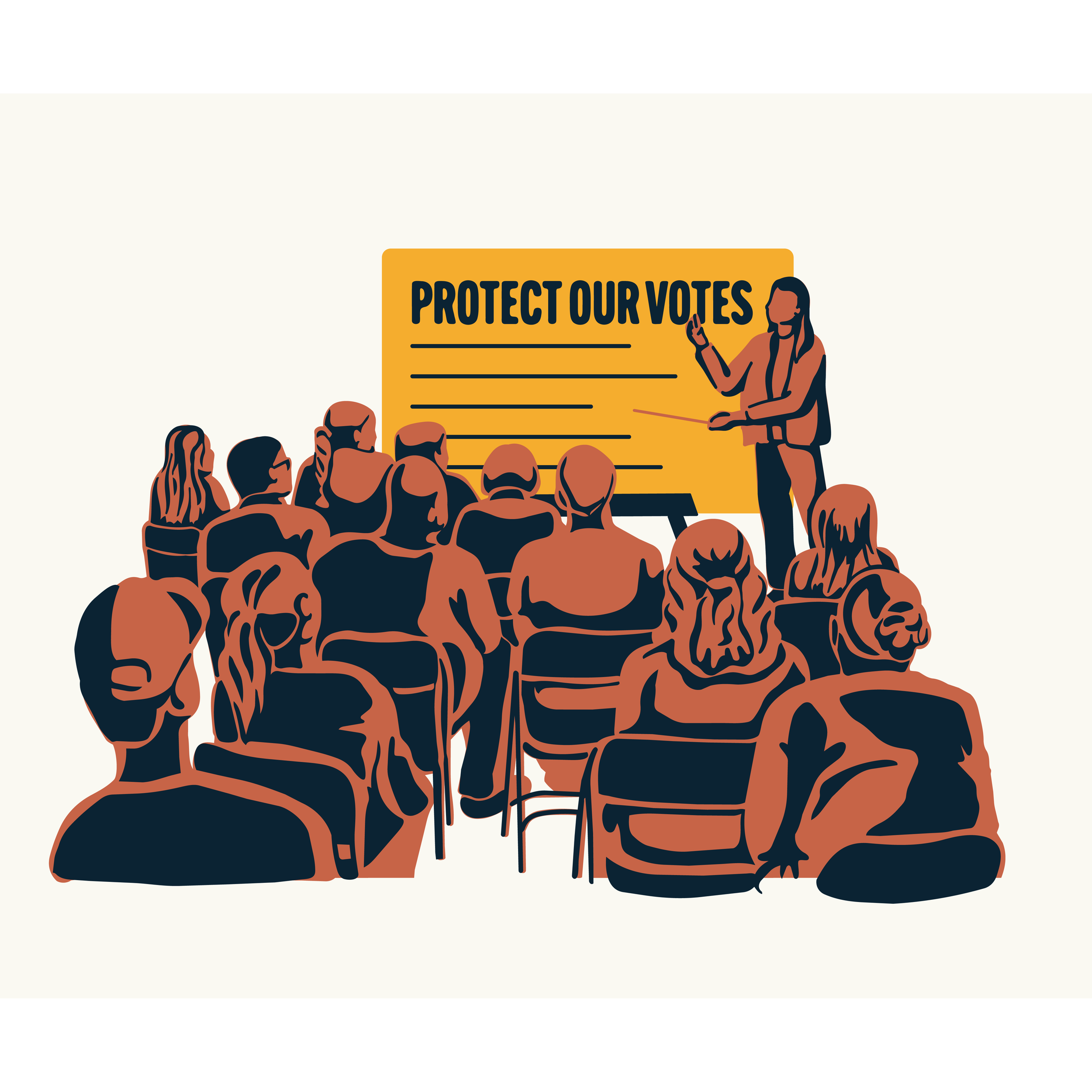 Instructor with a whiteboard that says 'Protect Our Votes' leads a training with a room full of people. 