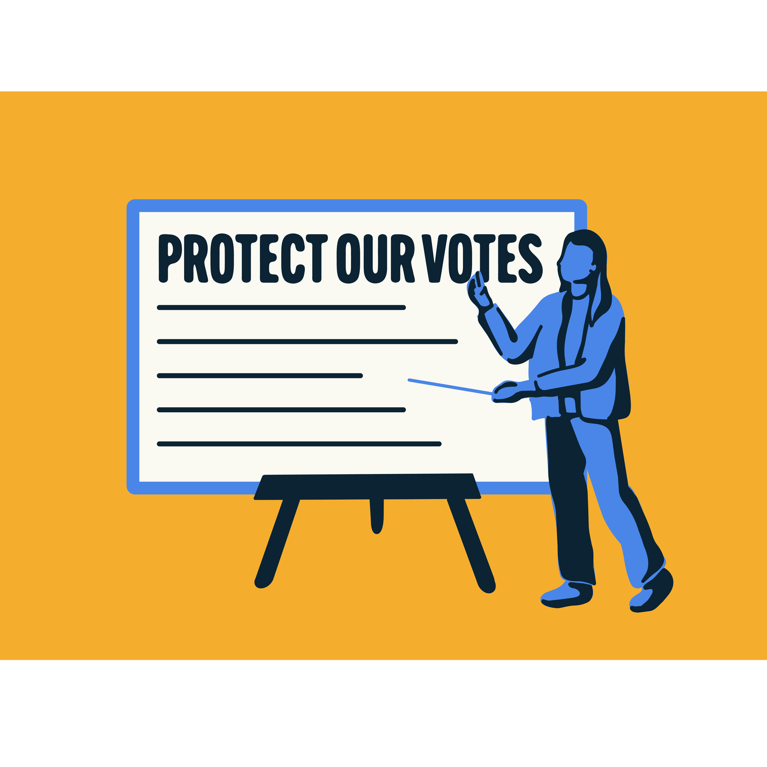 Training instructor with a whiteboard that says 'Protect Our Votes'