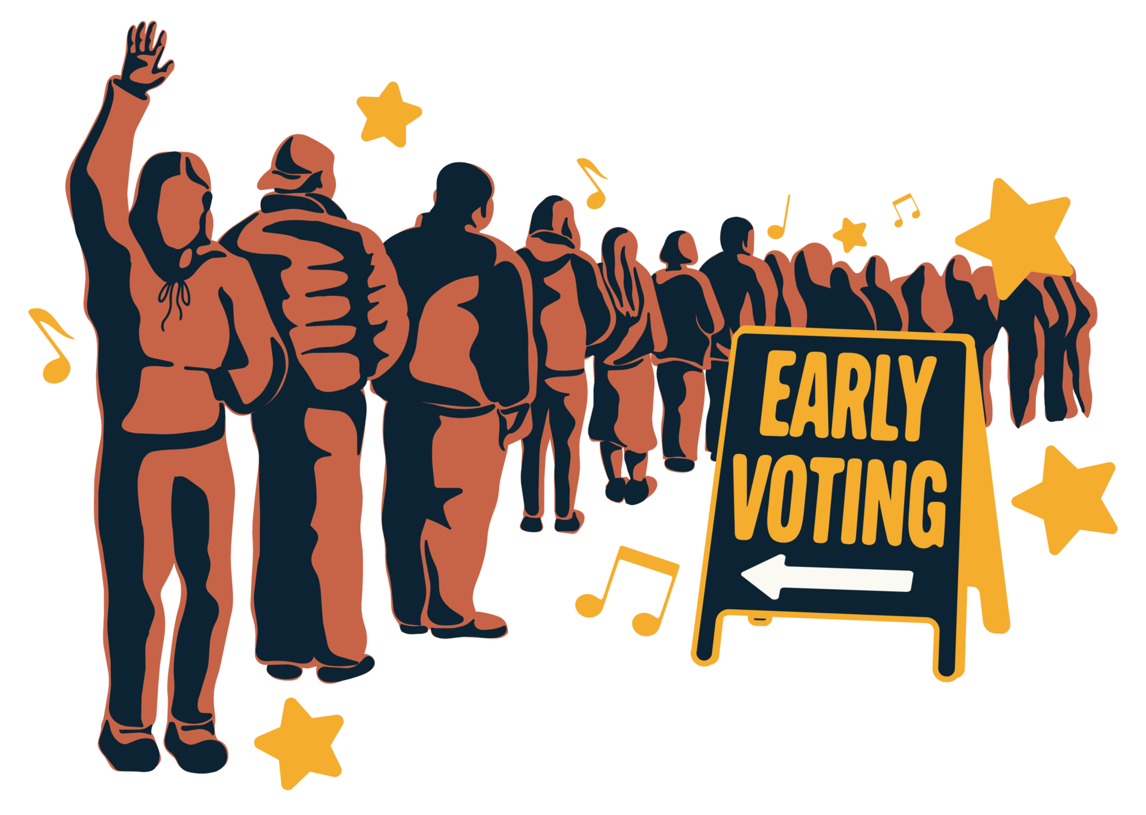 People in line waiting to early vote, the nearest waving in welcome.