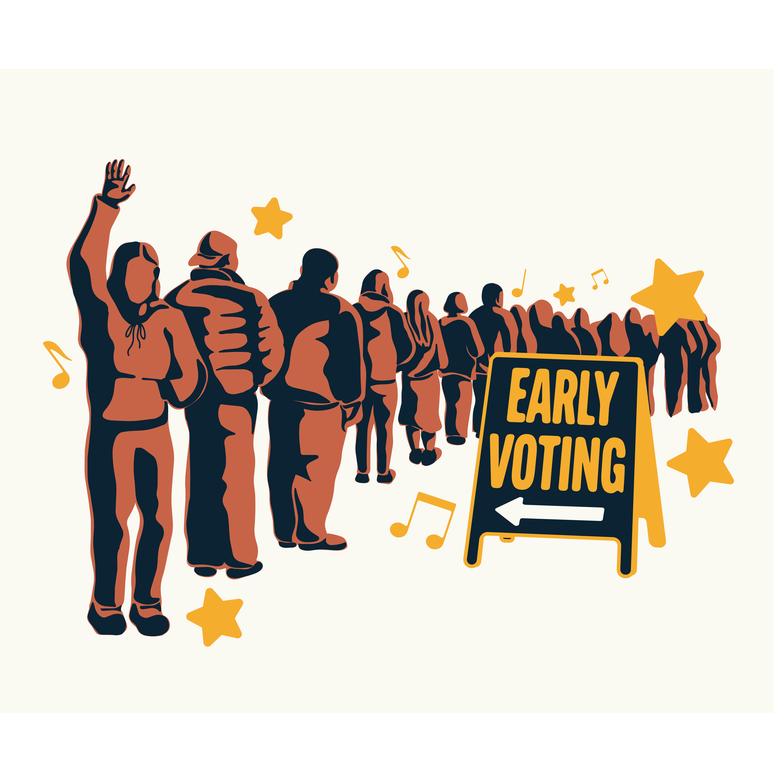People in line waiting to early vote, the nearest waving in welcome.