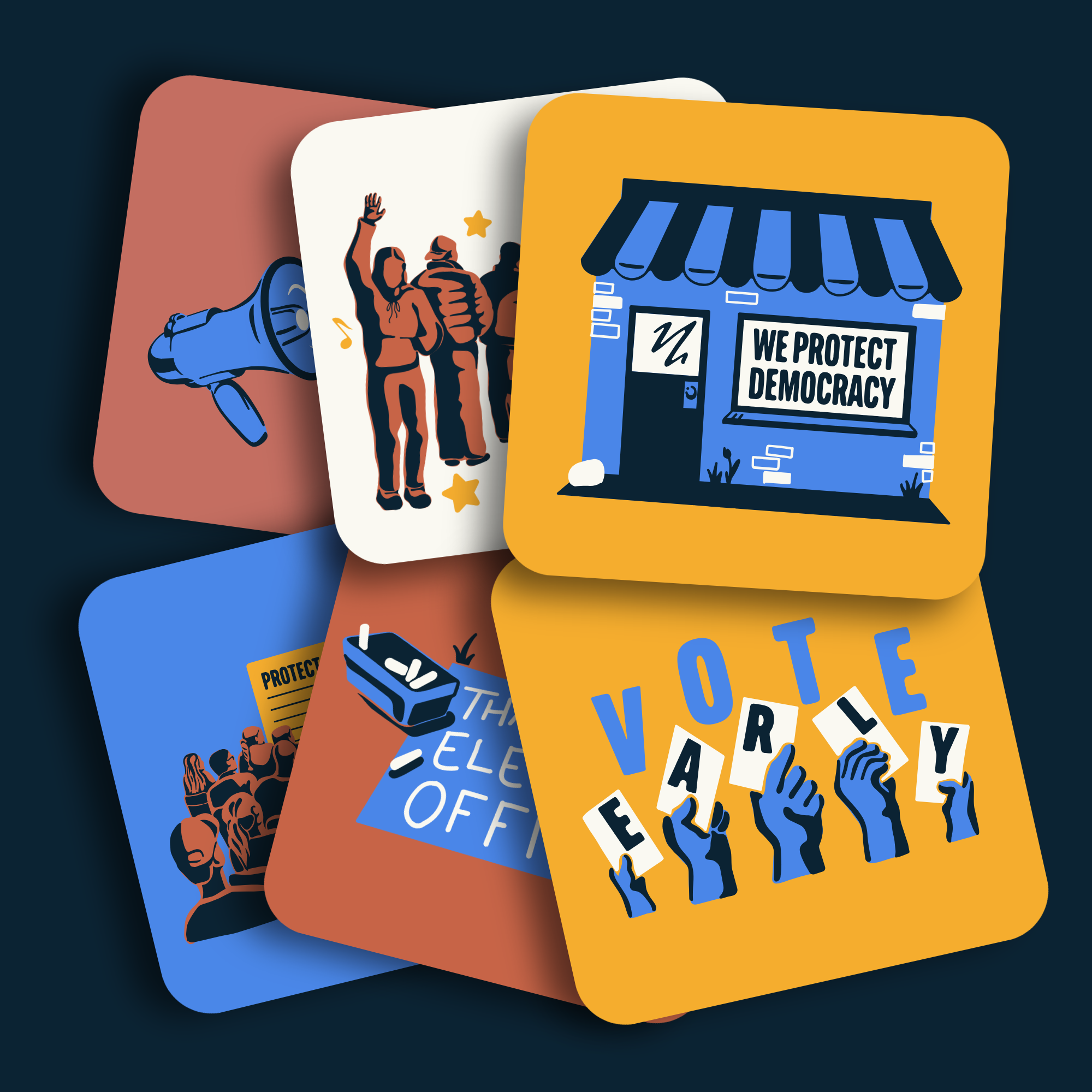 Stack of colorful stickers with illustrations of hands holding votes, a storefront with a sign reading "We Protect Democracy," and people waiting in line to vote.