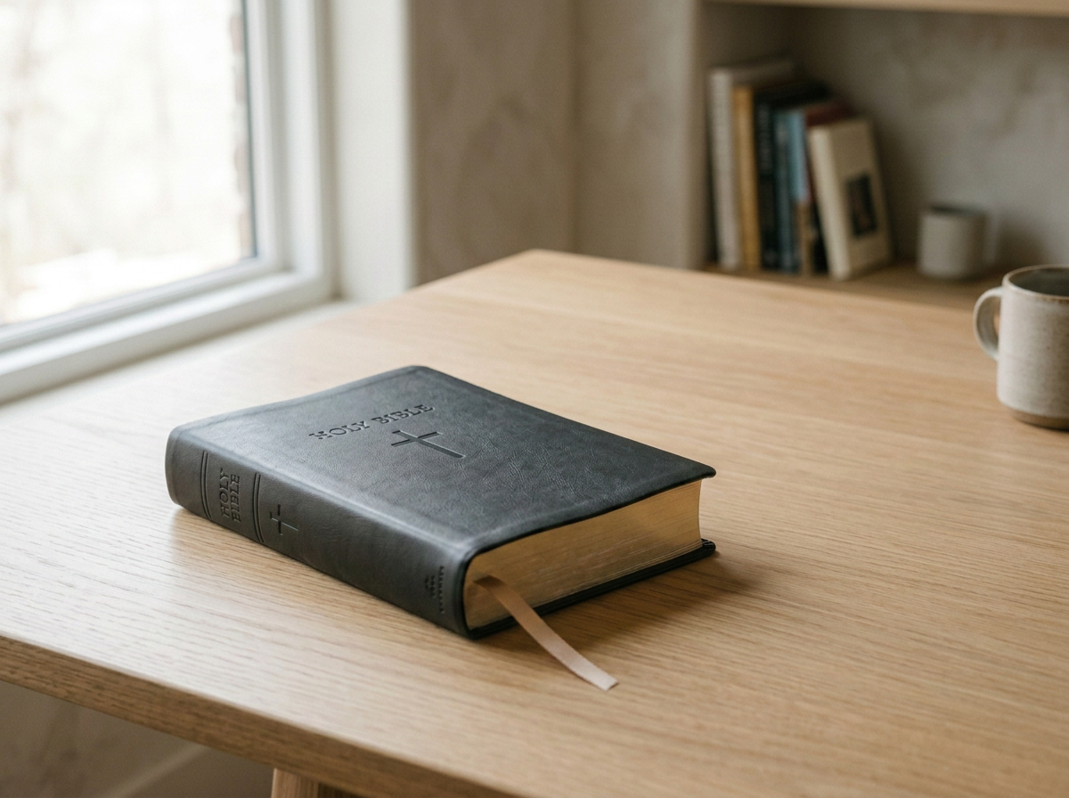 A black leather-bound Bible with a cross on the cover, placed on a light wooden table near a window with a blurred bookshelf and a mug in the background.