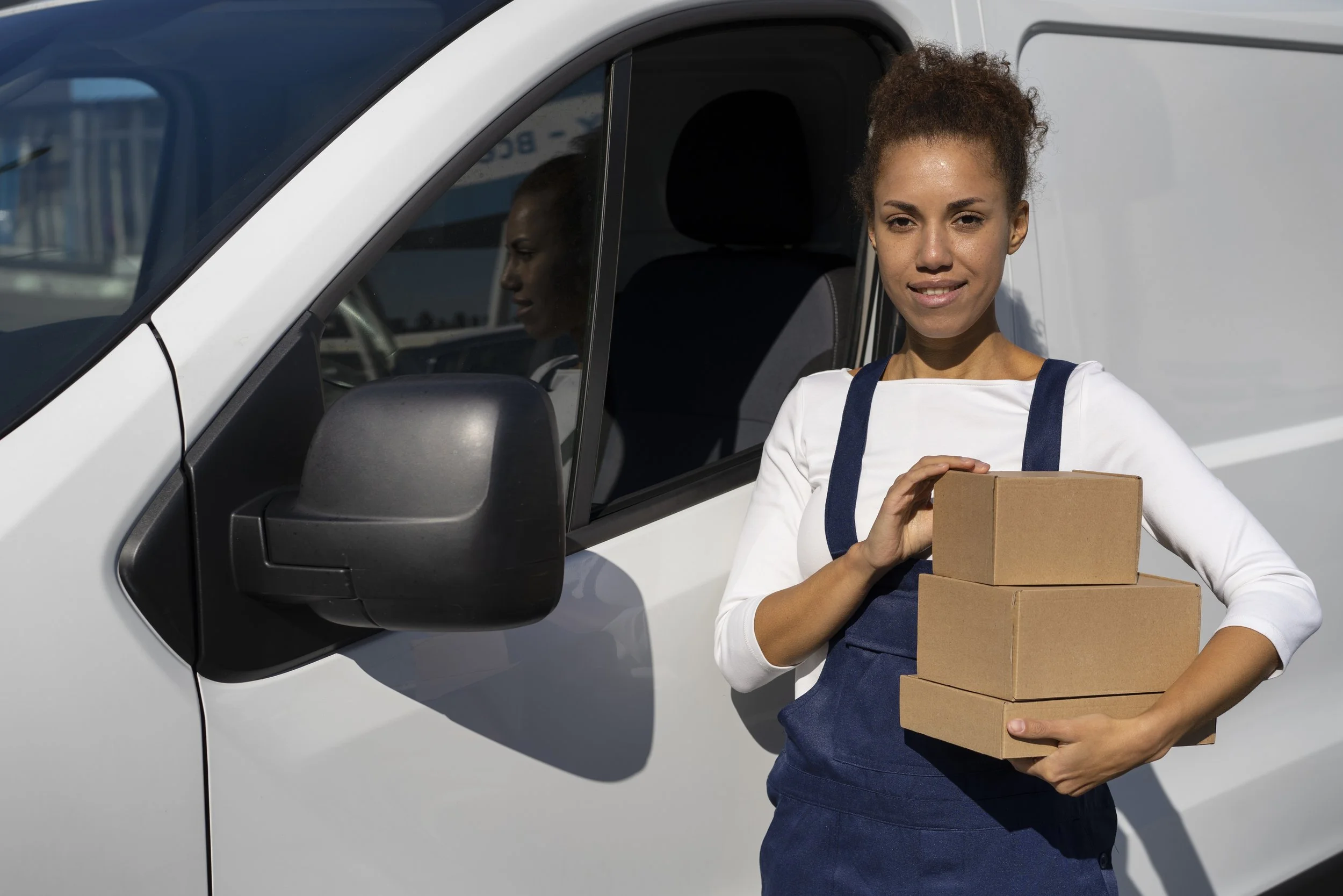 A woman with curly hair, wearing a white shirt and blue apron, holding stacked cardboard boxes while standing next to a white delivery van.
