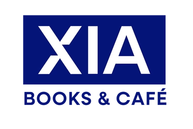 XIA Books & Café logo with white text on a blue background.