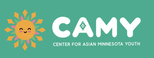 Logo for CAMY, the Center for Asian Minnesota Youth, with a smiling sun character on a teal background.
