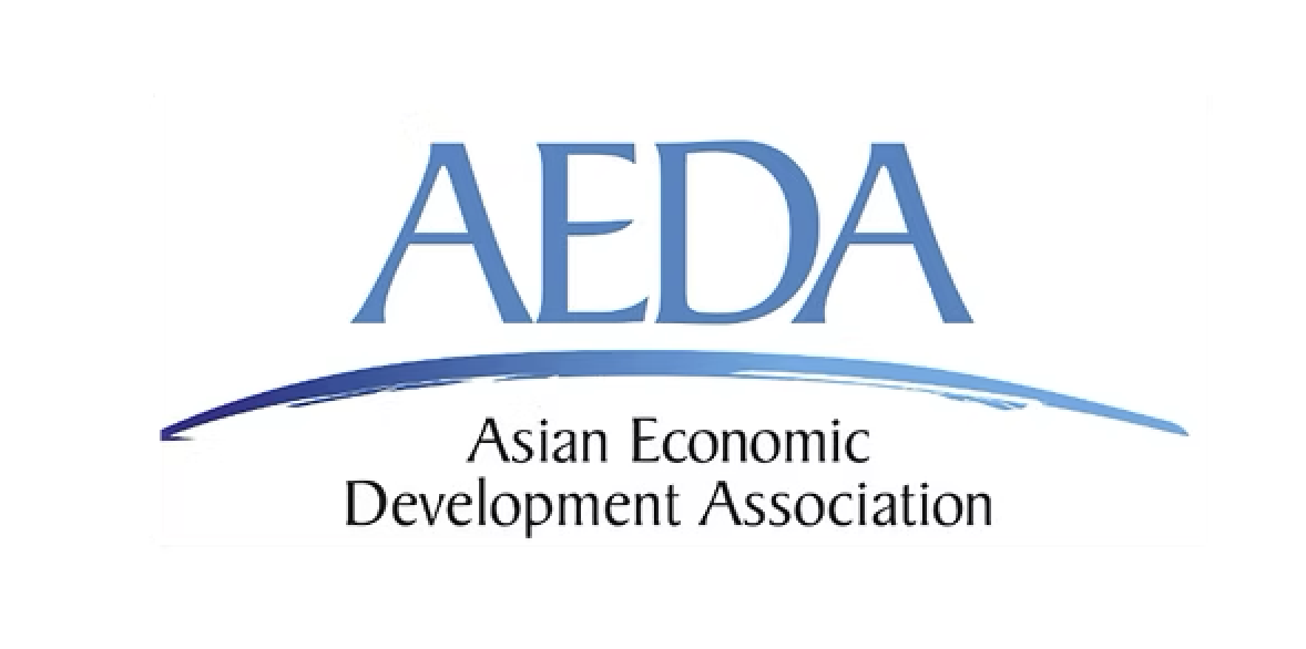 Logo of the Asian Economic Development Association (AEDA) with the acronym AEDA in large blue letters and the full name below with a curved blue line above.