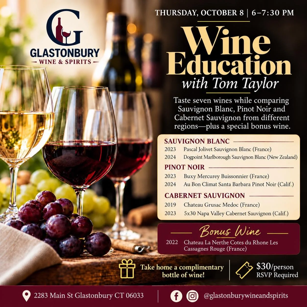 🍷 Taste. Compare. Discover.

Join us for Wine Education with Tom Taylor and taste 7 wines side by side, exploring Sauvignon Blanc, Pinot Noir &amp; Cabernet Sauvignon from different regions.

🇫🇷 France &bull; 🇳🇿 New Zealand &bull; 🇺🇸 Californi