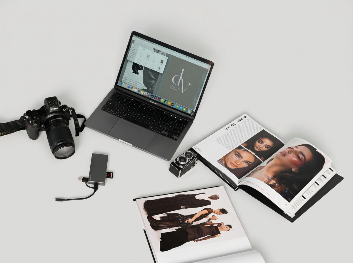 Photography workspace with a Nikon camera, a laptop displaying editing software, a USB-C hub, an open fashion magazine, and a fashion catalog with models on a white surface.