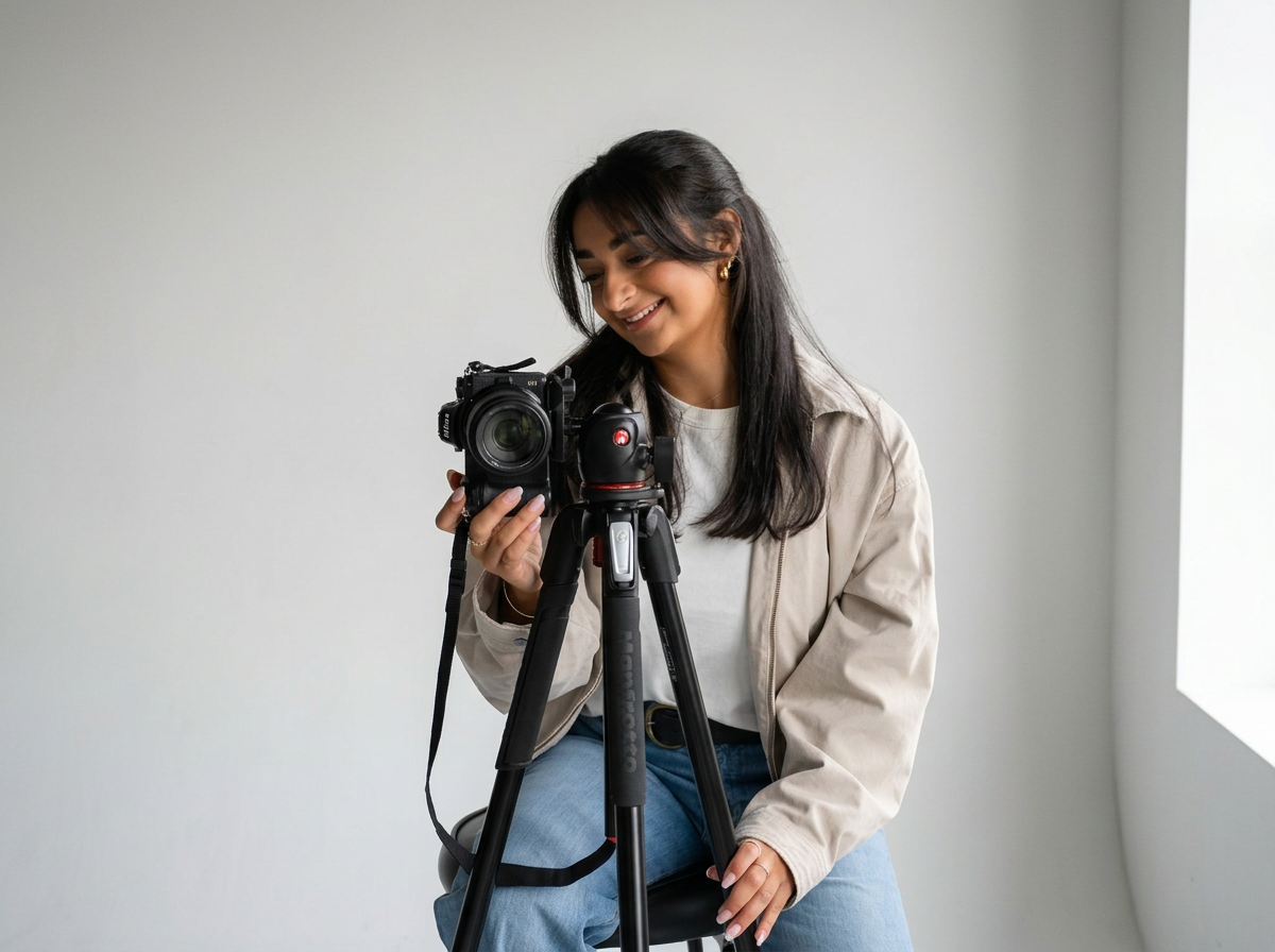 A young woman with dark hair, wearing a beige jacket and blue jeans, sitting on a chair, smiling while adjusting a camera on a tripod in a bright, minimal room.