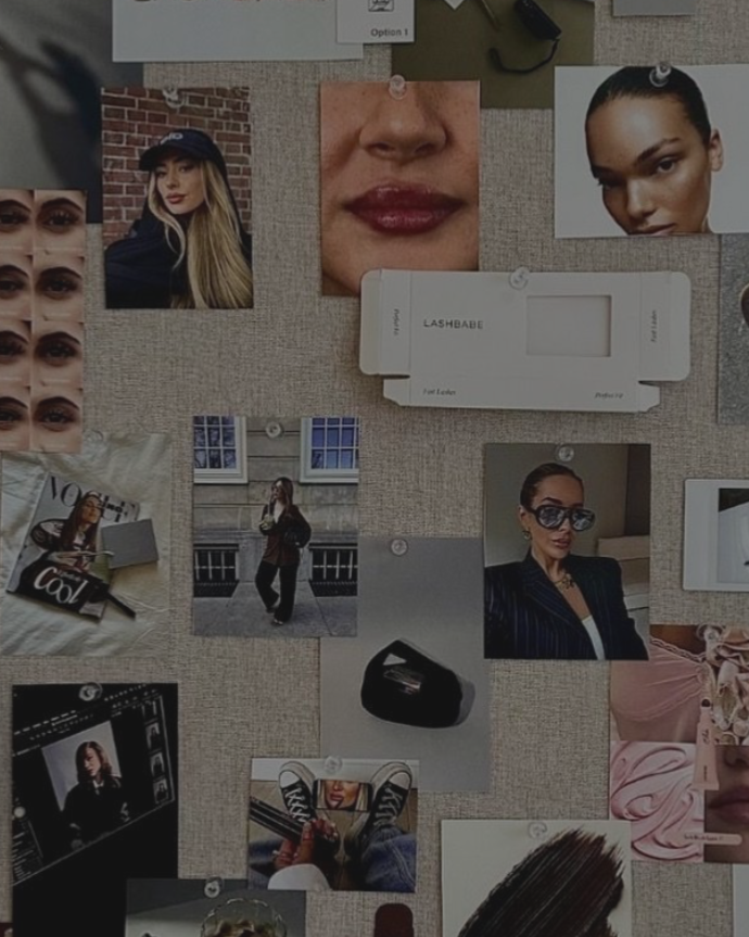 Collage of fashion, beauty, and lifestyle images including close-ups of lips, a woman in sunglasses, a woman in a black jacket, and a woman in a baseball cap with long blonde hair, pinned to a bulletin board.