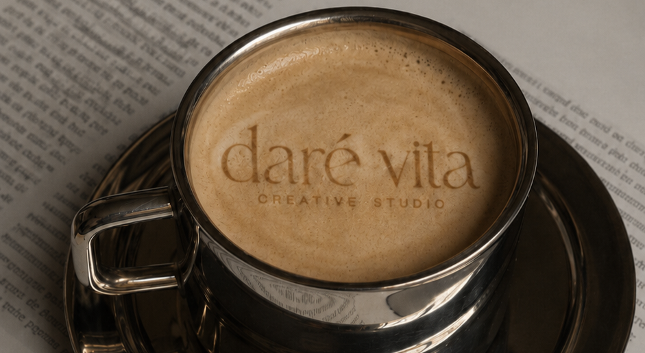A glass cup filled with coffee or cappuccino with foam, placed on a metal saucer on top of a newspaper. The foam has the logo 'dare vila CREATIVE STUDIO' etched into it.