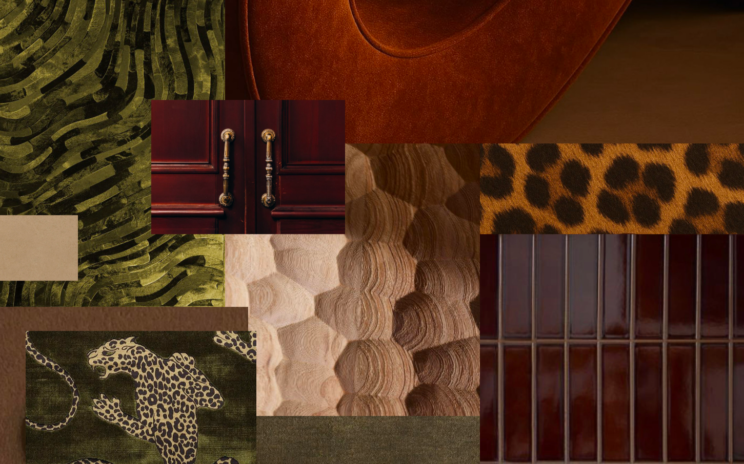 A collage of various textures and patterns including a green abstract pattern, a carved wood cabinet with gold handles, a red textured surface, a beige fabric, a honeycomb pattern, a leopard print, a wooden panel with vertical slats, and a leopard design on fabric.