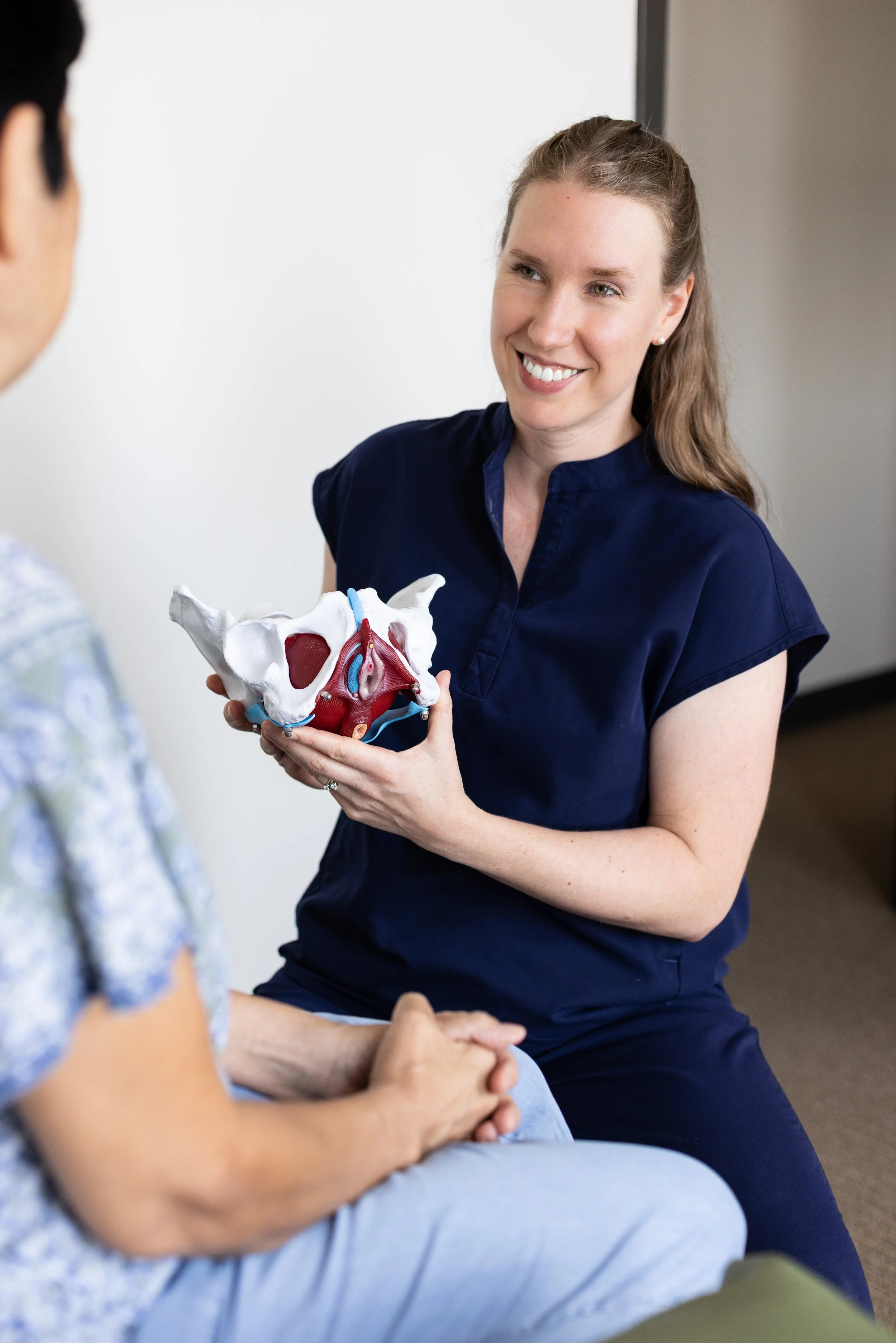 pelvic floor physical therapist shows patient a pelvic model