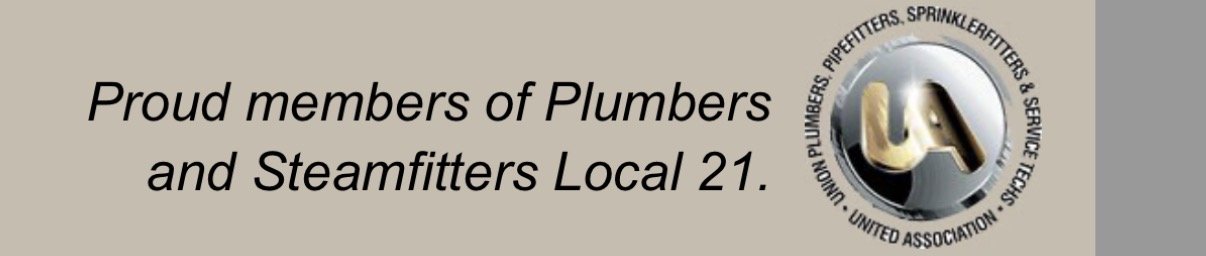 Text on a beige background reads: 'Proud members of Plumbers and Steamfitters Local 21.' To the right, there is a circular logo with the letters 'UA' in the center and the words around it: 'United Association, U A, Locals Pipesfitters, Sprinklerfitters & Service Techs, United Association.'