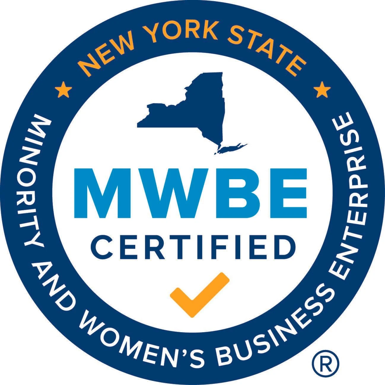 A circular badge with a dark blue border and white background, featuring the outline of New York State and the text 'MWBE Certified' in blue. The border contains orange text reading 'New York State Small Business Enterprise' and white text saying 'Authority and Women's Business'. There are two orange stars on either side of the state outline, and an orange check mark at the bottom.