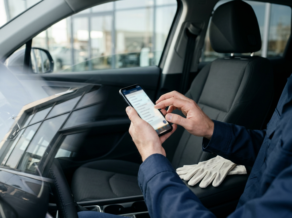 Personne dans une voiture regardant un smartphone, portant une chemise bleu et des gants beige disants