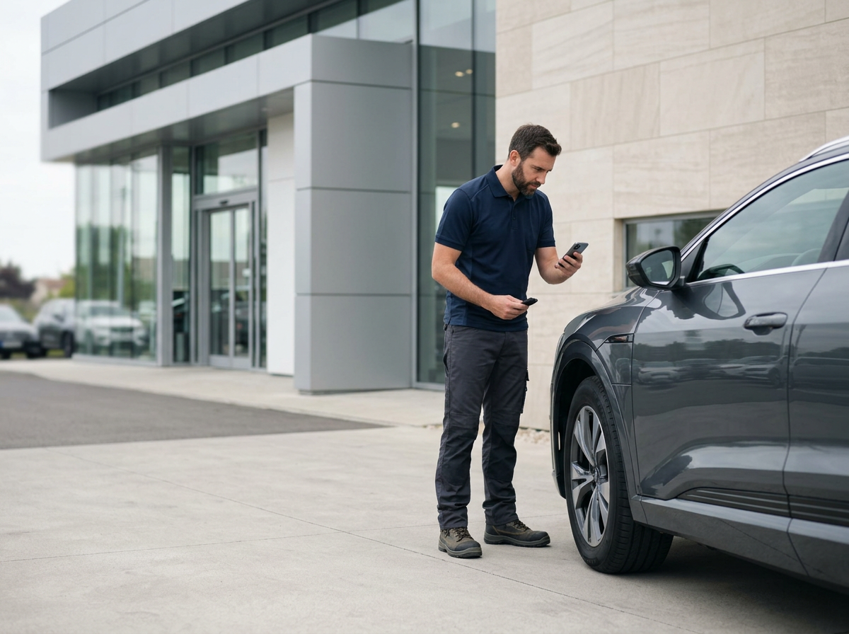 Un homme s'appuyant sur une voiture grise, utilisant un smartphone devant un bâtiment moderne.
