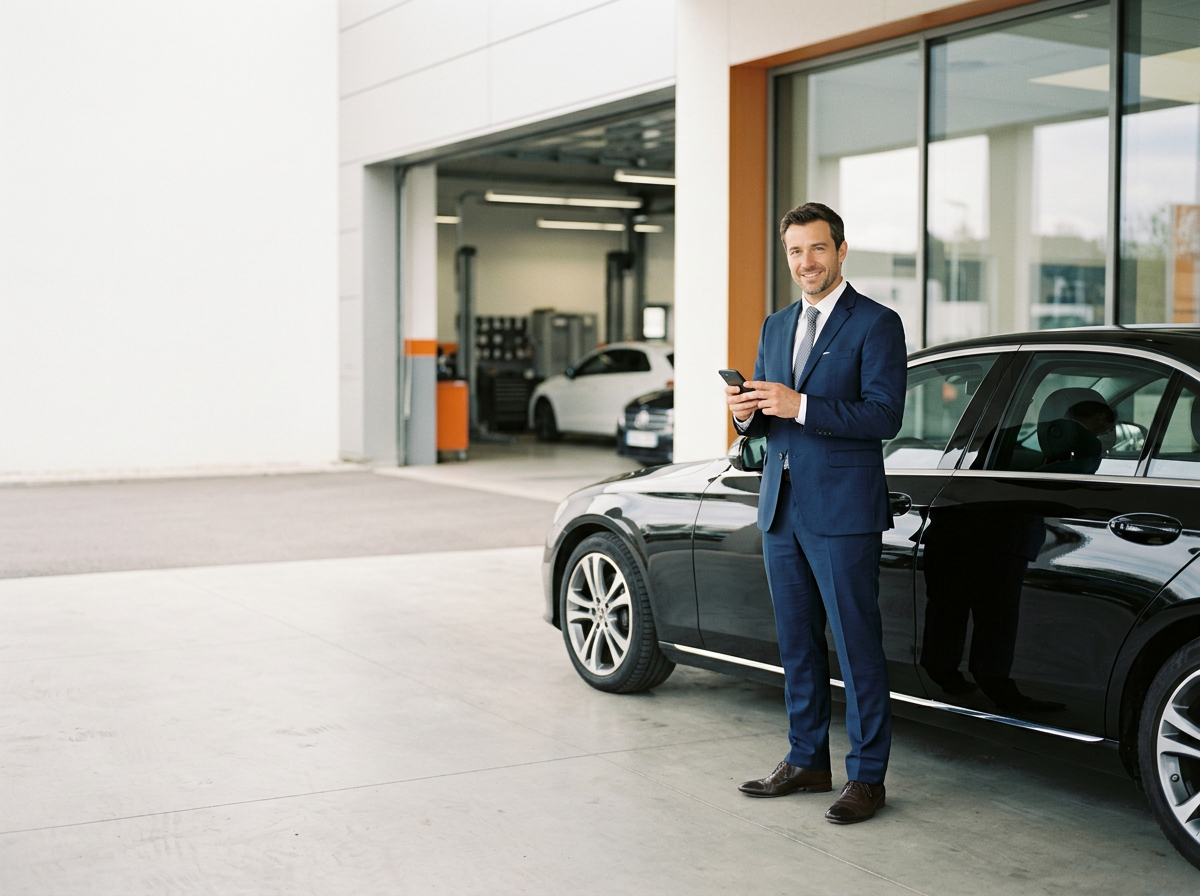Un homme en costume élégant se tient à côté d'une voiture noire dans une concession automobile moderne, tenant un téléphone portable et souriant.
