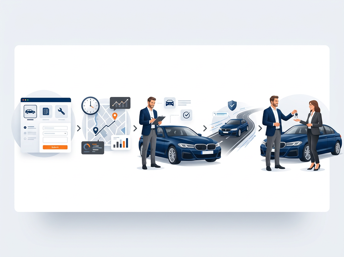 Processus d'achat ou de location d'une voiture en ligne, de la sélection à la remise du véhicule.