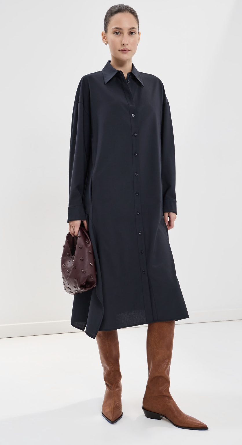 Tibi wool shirt dress with a side-drape detail.