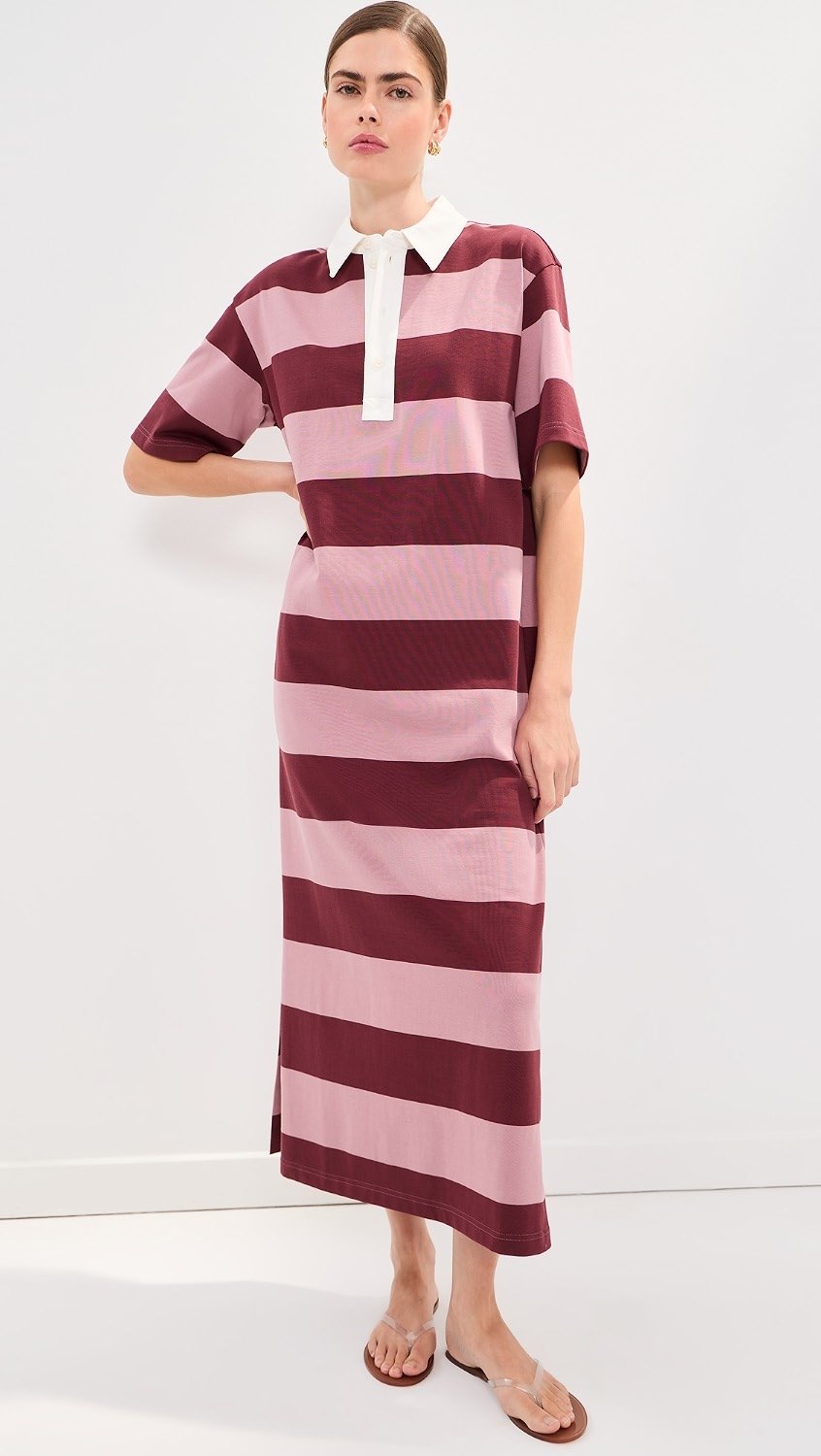 Oversized polo maxi dress worn loose with sneakers.