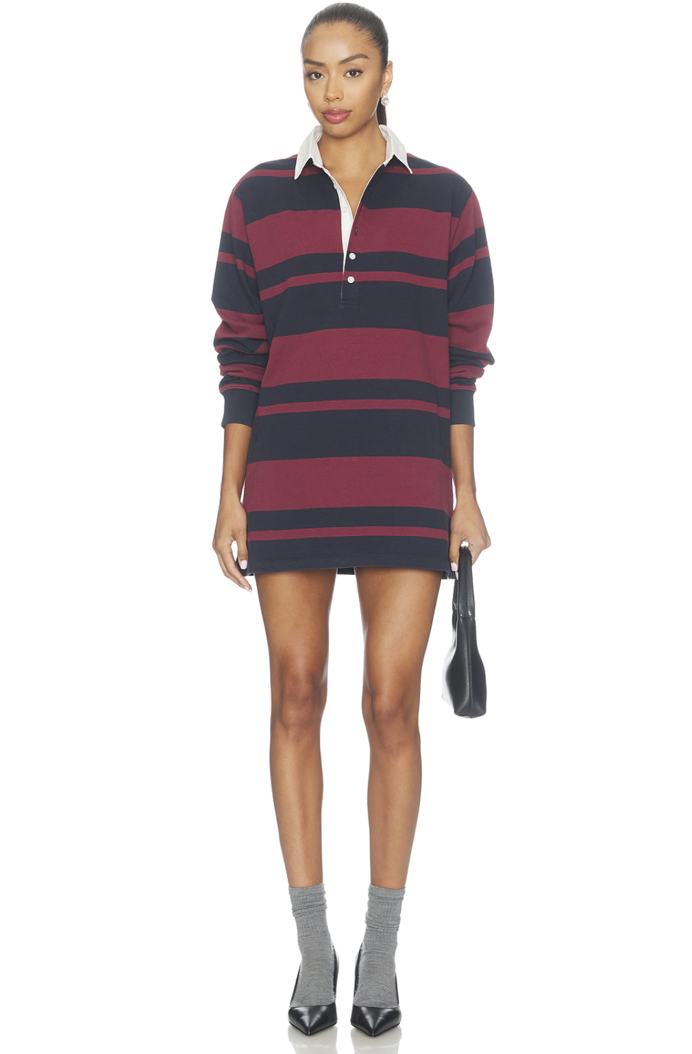 Navy and berry rugby stripe dress with a collared polo neckline.