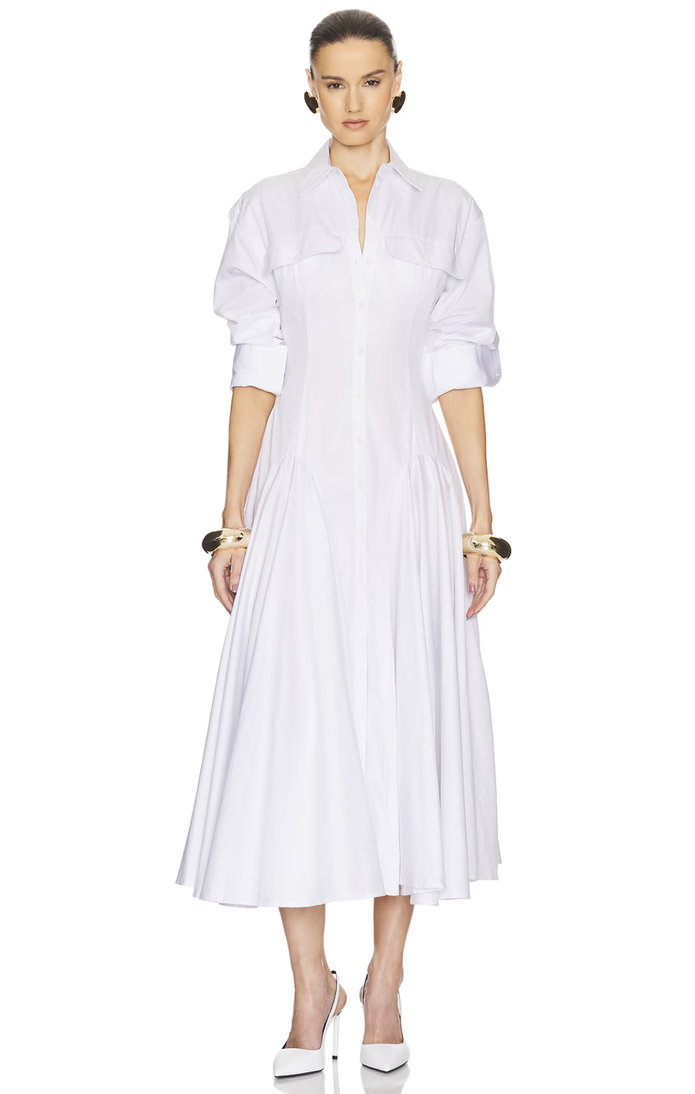 Classic white shirt dress outfit with a collared neckline and thin belt, styled with heels.
