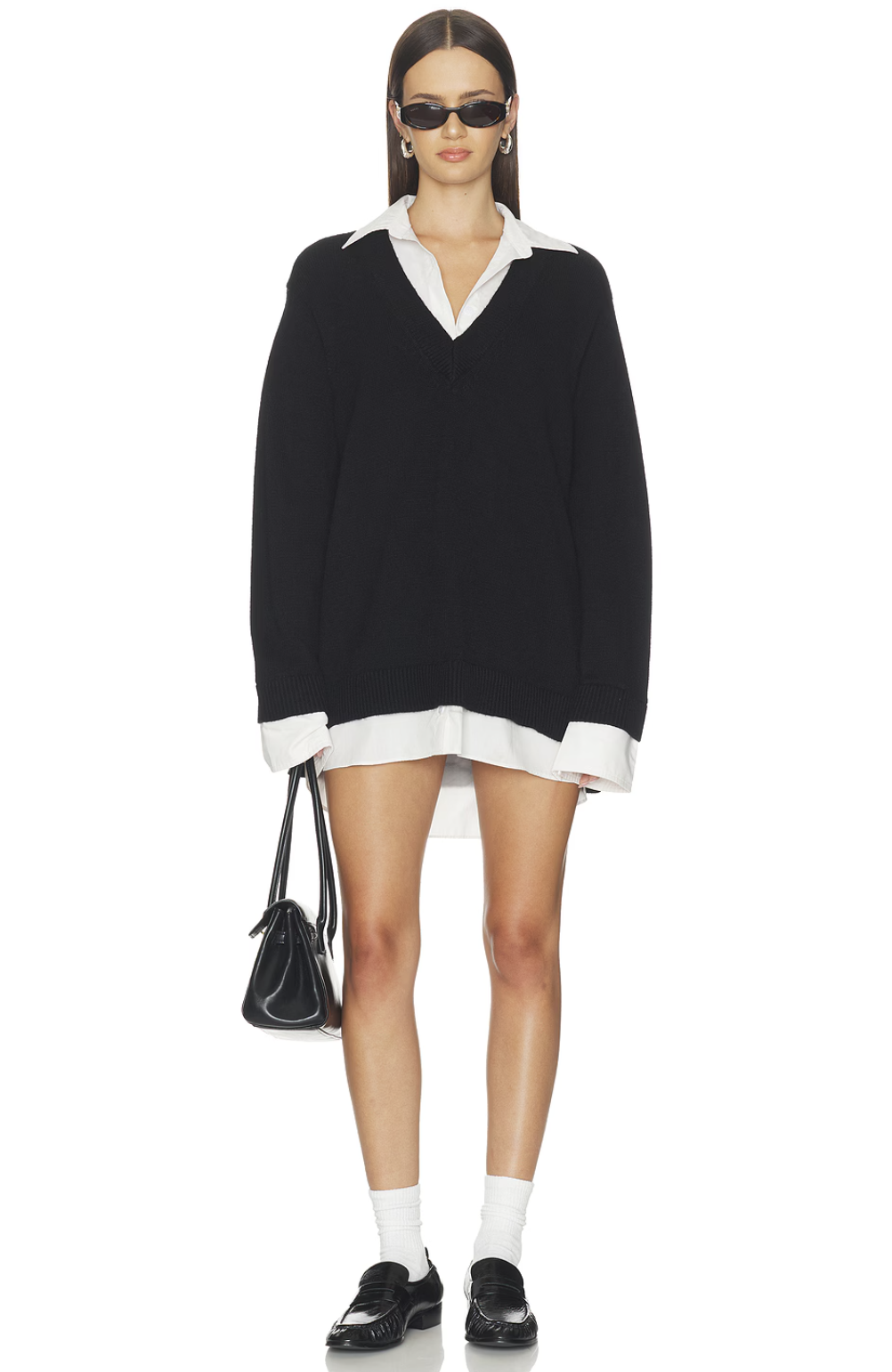 Collared sweater dress in a white and black knit.