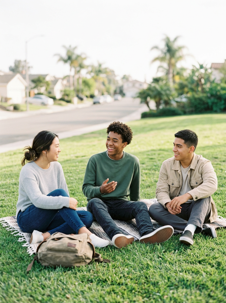Three young people sitting on a blanket on a grassy area, smiling and talking to each other, with houses and trees in the background.