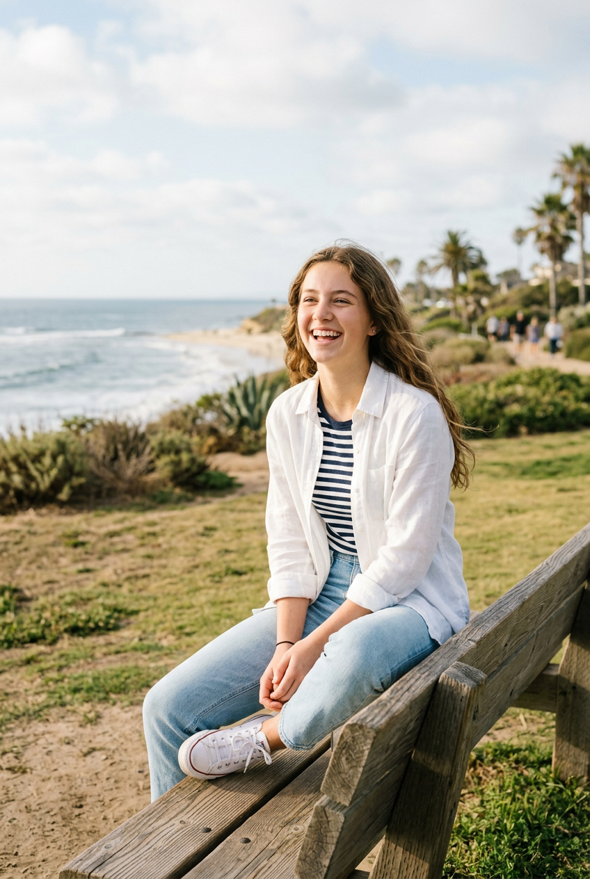 A young woman with wavy hair is sitting on a wooden bench at the beach, smiling and enjoying the outdoors on a partly cloudy day.