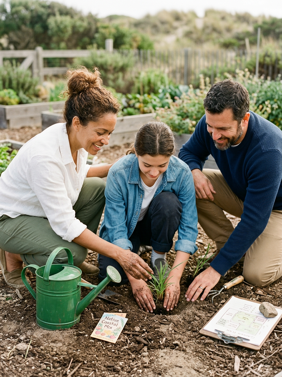 A family of three planting a young plant in a garden with row gardens and a wooden fence in the background. The woman, man, and girl are smiling and working together, with gardening tools, a watering can, and a clipboard nearby.