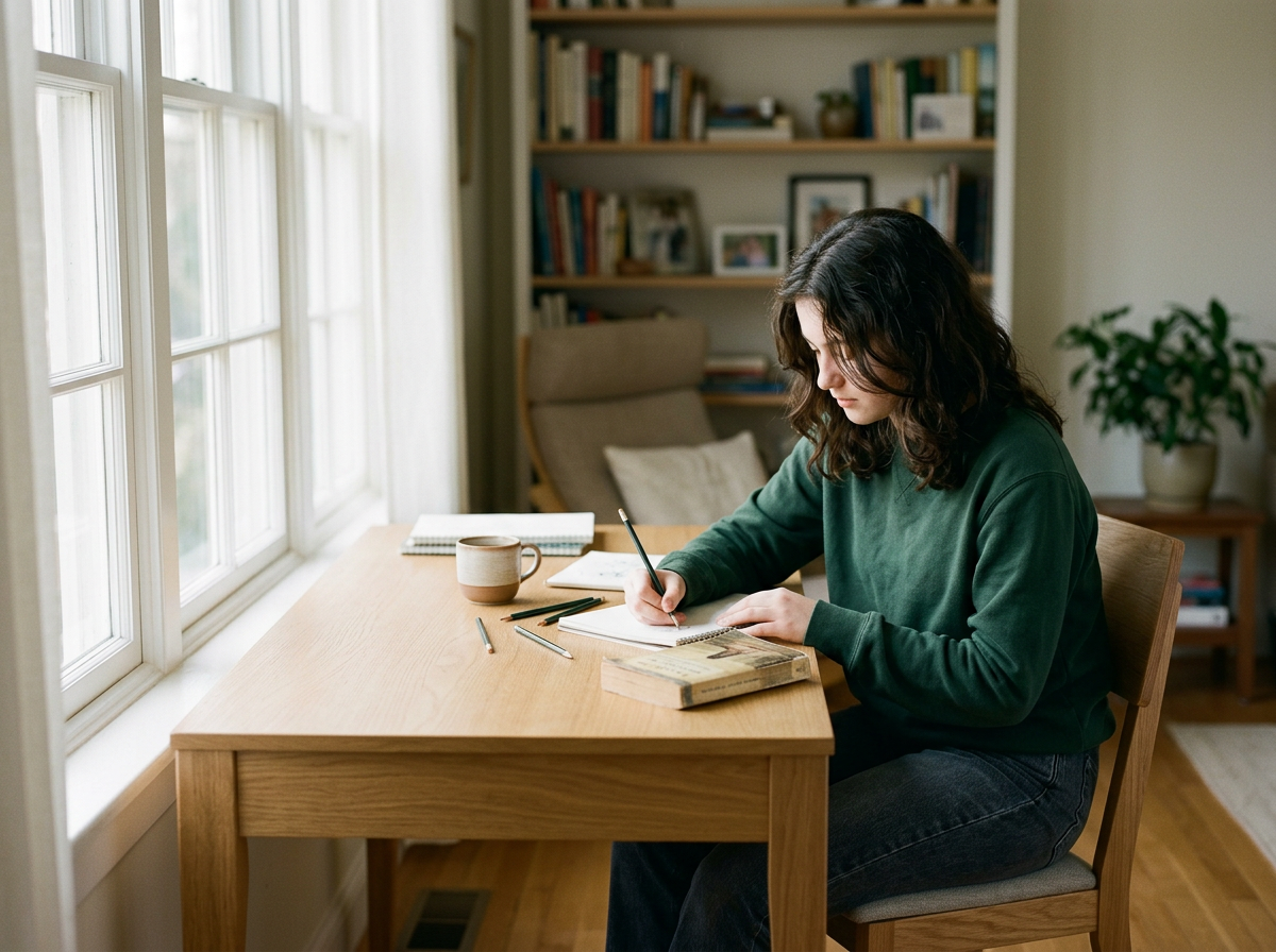 A woman with curly hair sitting at a wooden table near a window, writing in a notebook with pens nearby, in a room with bookshelves and a potted plant.