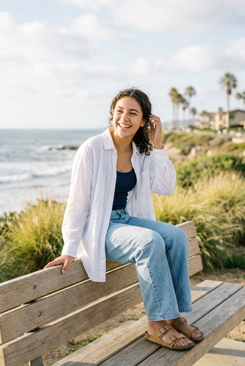 A young woman sitting on a wooden bench at the beach, smiling and looking to her left, with ocean waves, sandy shore, green grass, palm trees, and houses in the background on a partly cloudy day.
