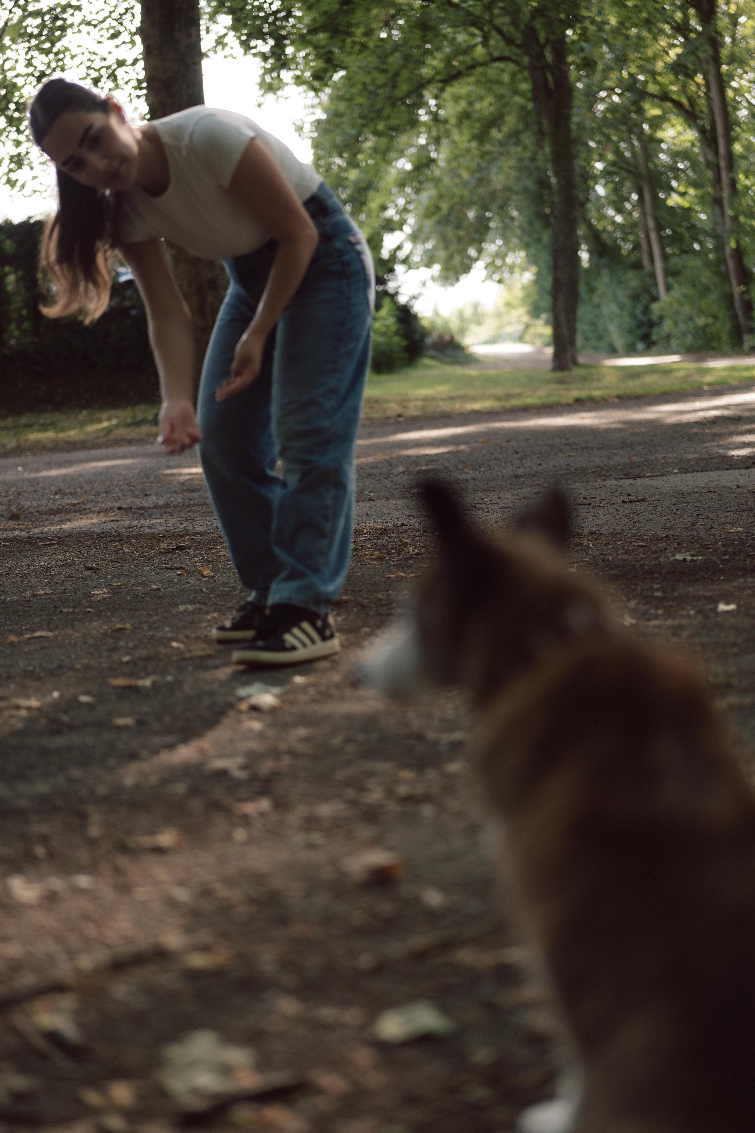 Hundetrainerin Natascha beugt sich vor und ruft einen Hund zu sich, Einzeltraining auf einem Waldweg in Soest