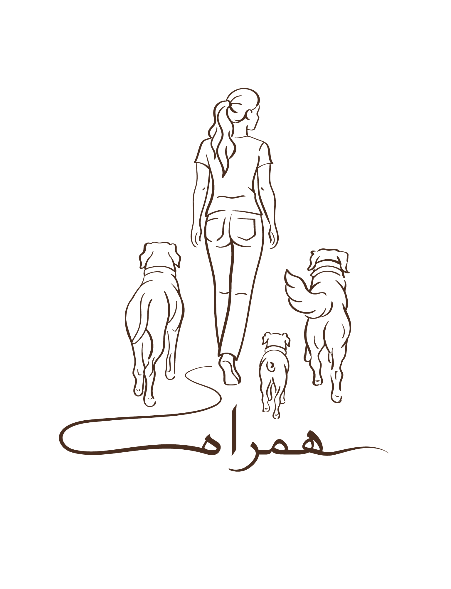 Logo von Hamrah Hundetraining: gezeichnete Frau mit drei Hunden von hinten, darunter der Schriftzug "Hamrah" in persischer Schrift