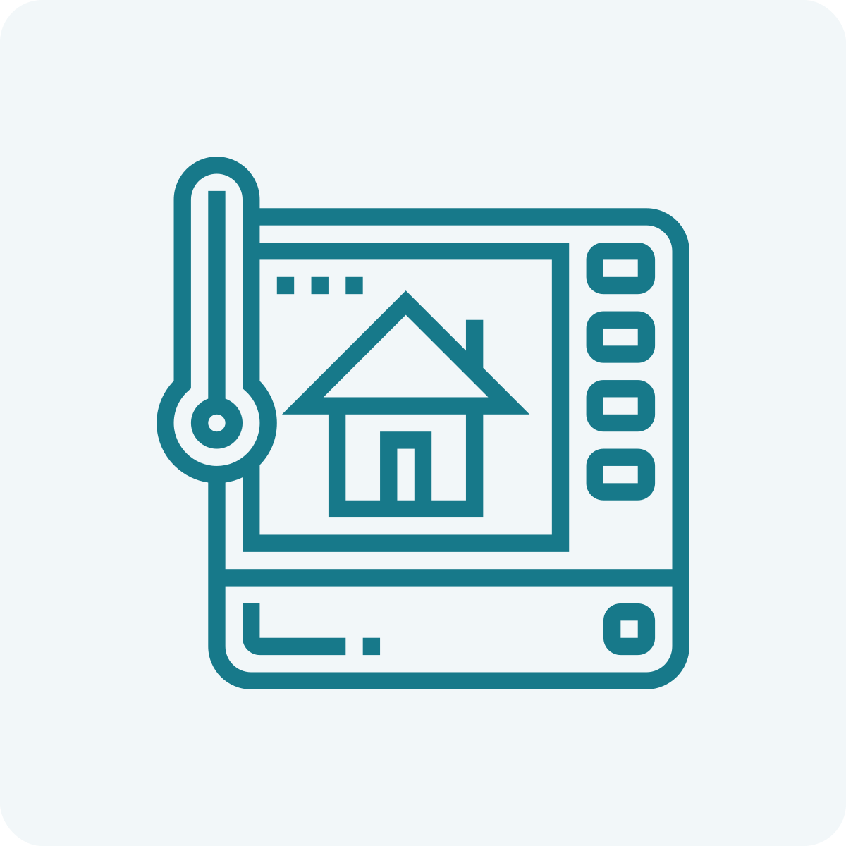 Icon of a home displayed on a digital tablet with a thermometer.