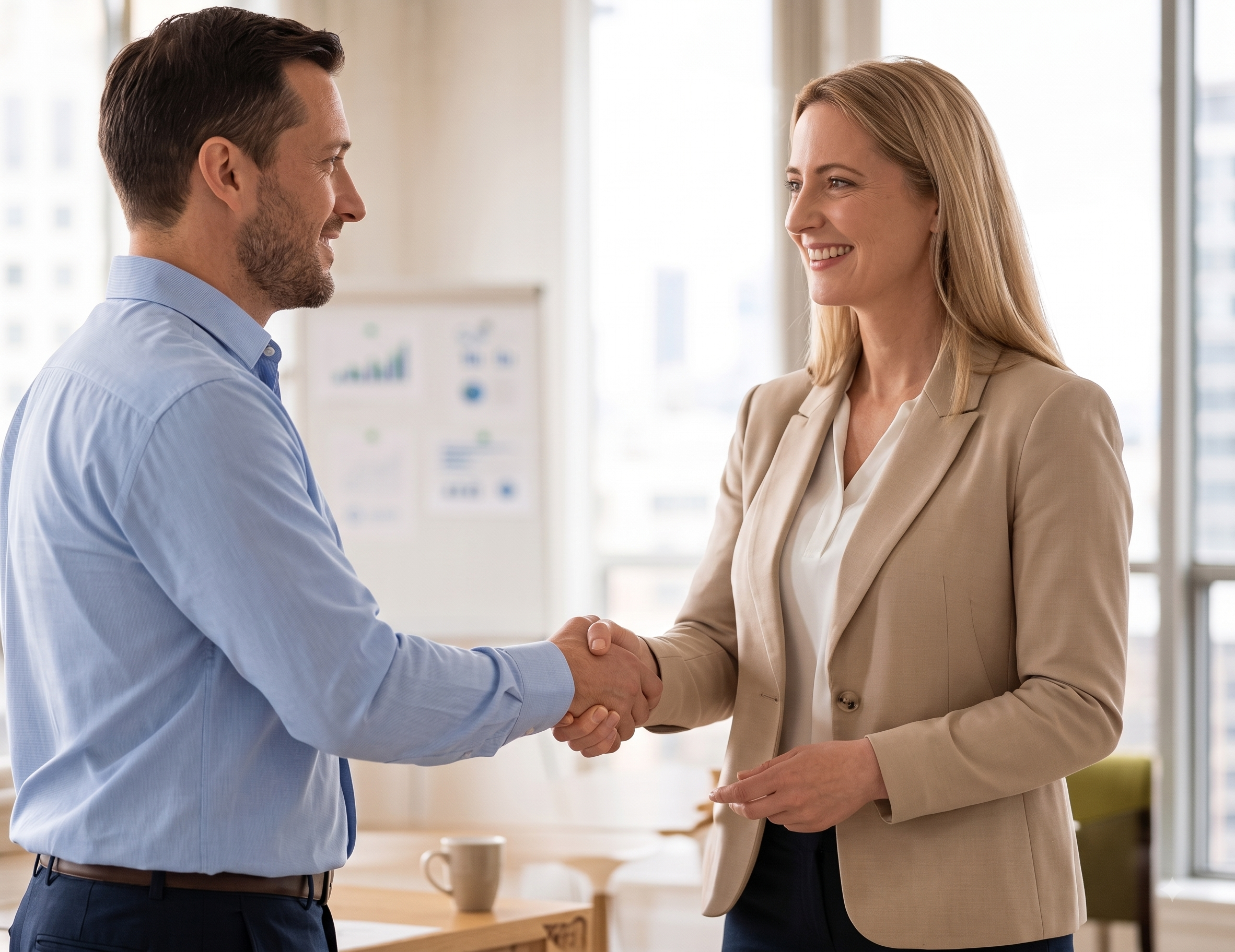 Two business professionals, a man and a woman, shaking hands and smiling in a bright office with large windows in the background.