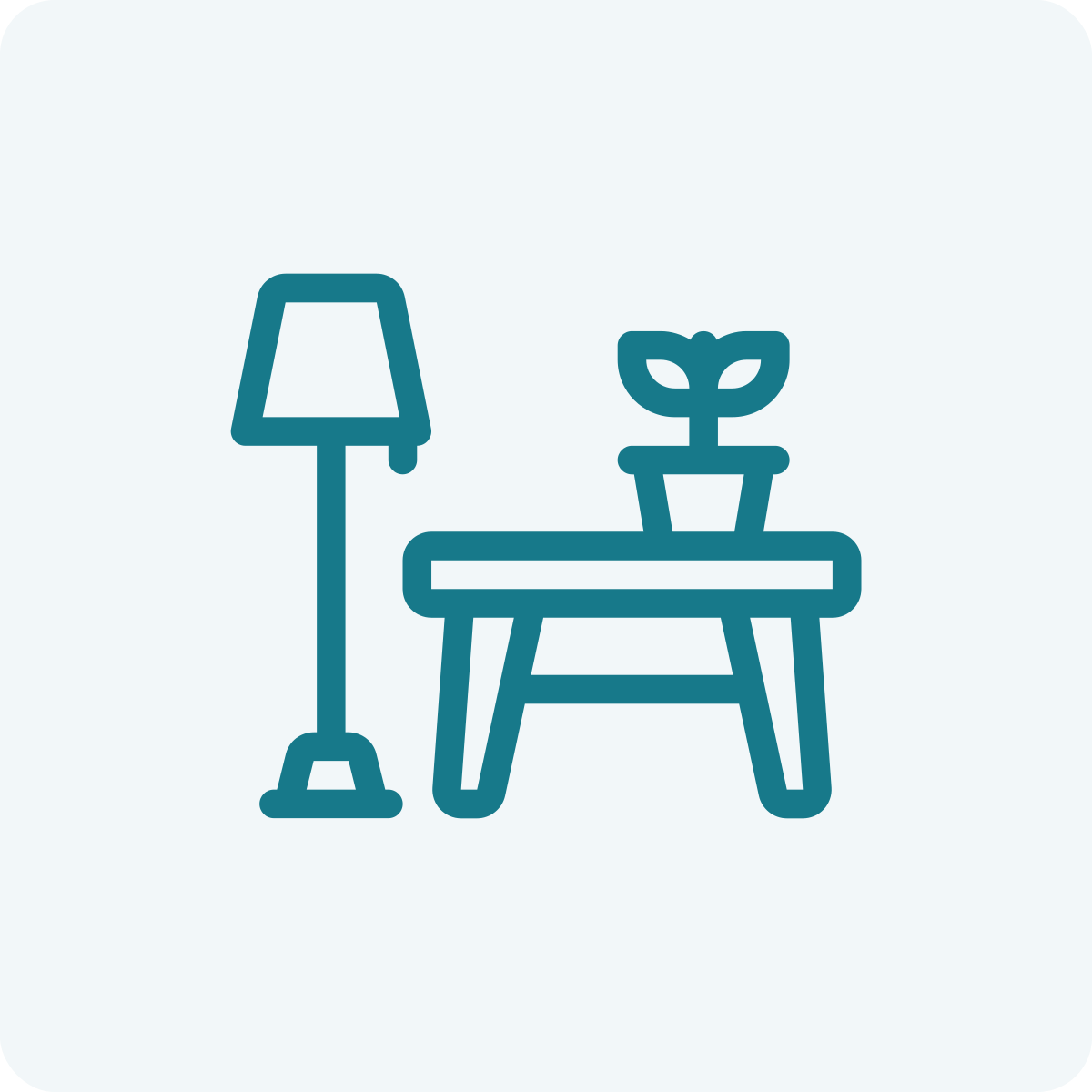 Line drawing of a lamp, a wooden table, and a potted plant on the table.