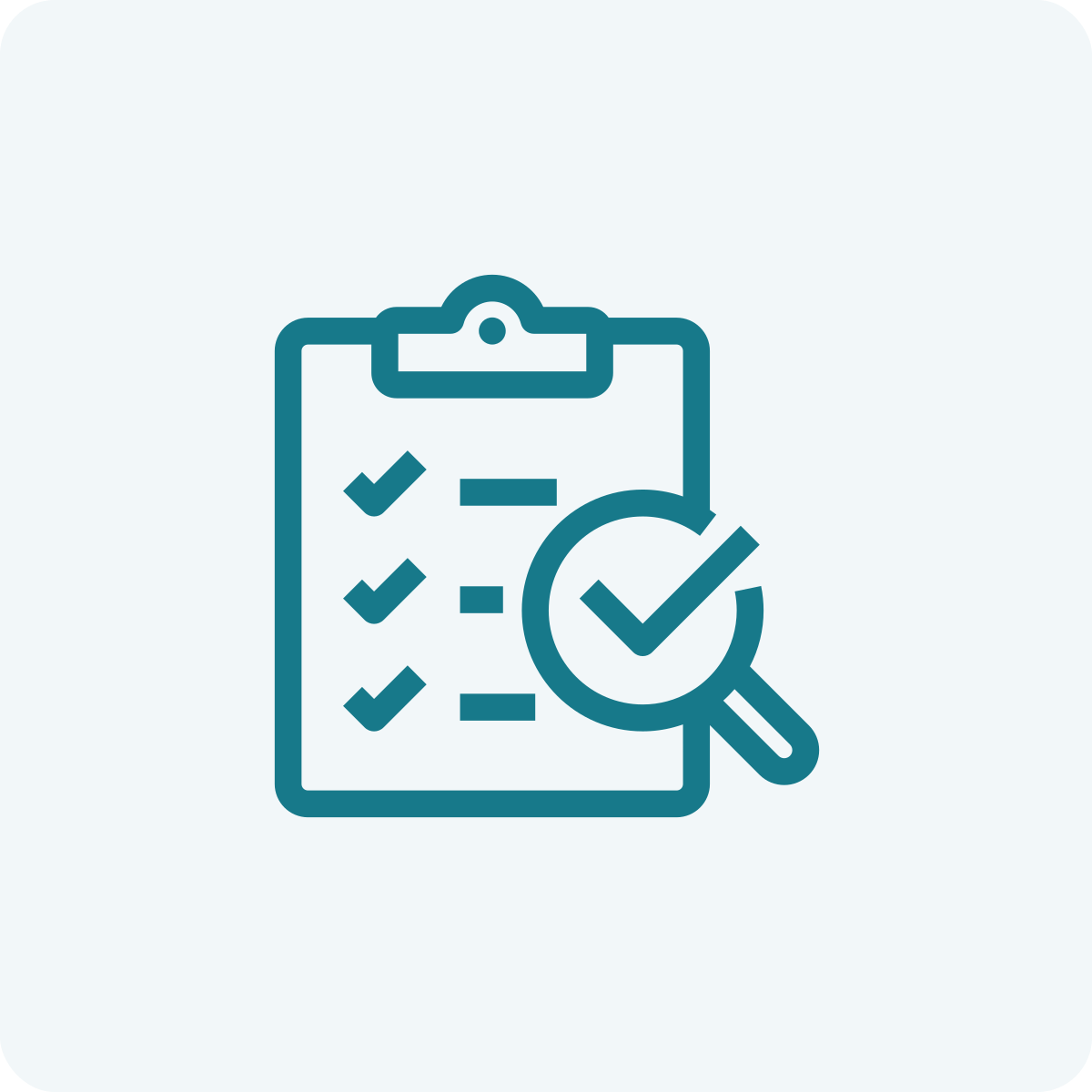 Icon of a clipboard with checkmarks and a magnifying glass over it.