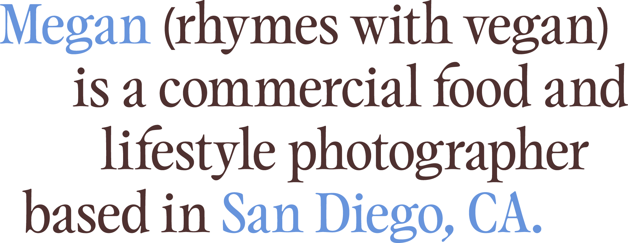 Text graphic with the words 'Megan (rhymes with vegan) is a commercial food and lifestyle photographer based in San Diego, CA.' in large, colorful font.