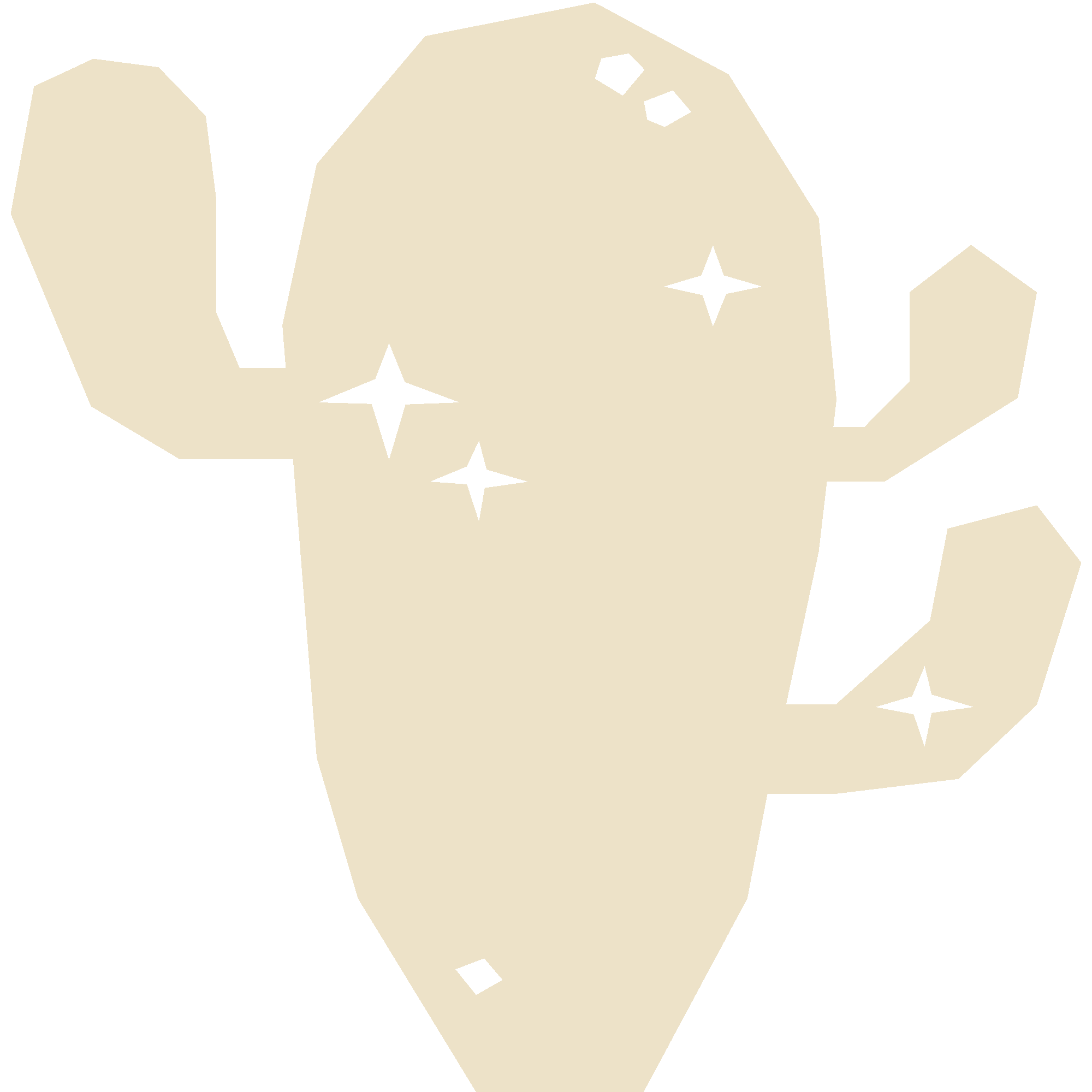 Stylized beige cartoon cat with black star-shaped markings on a black background