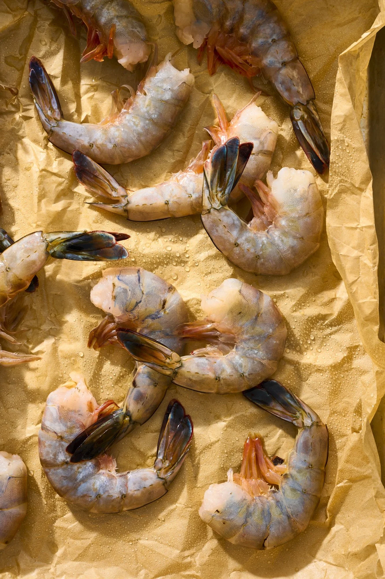 Raw shrimp with shells and tails on parchment paper, some water droplets visible.