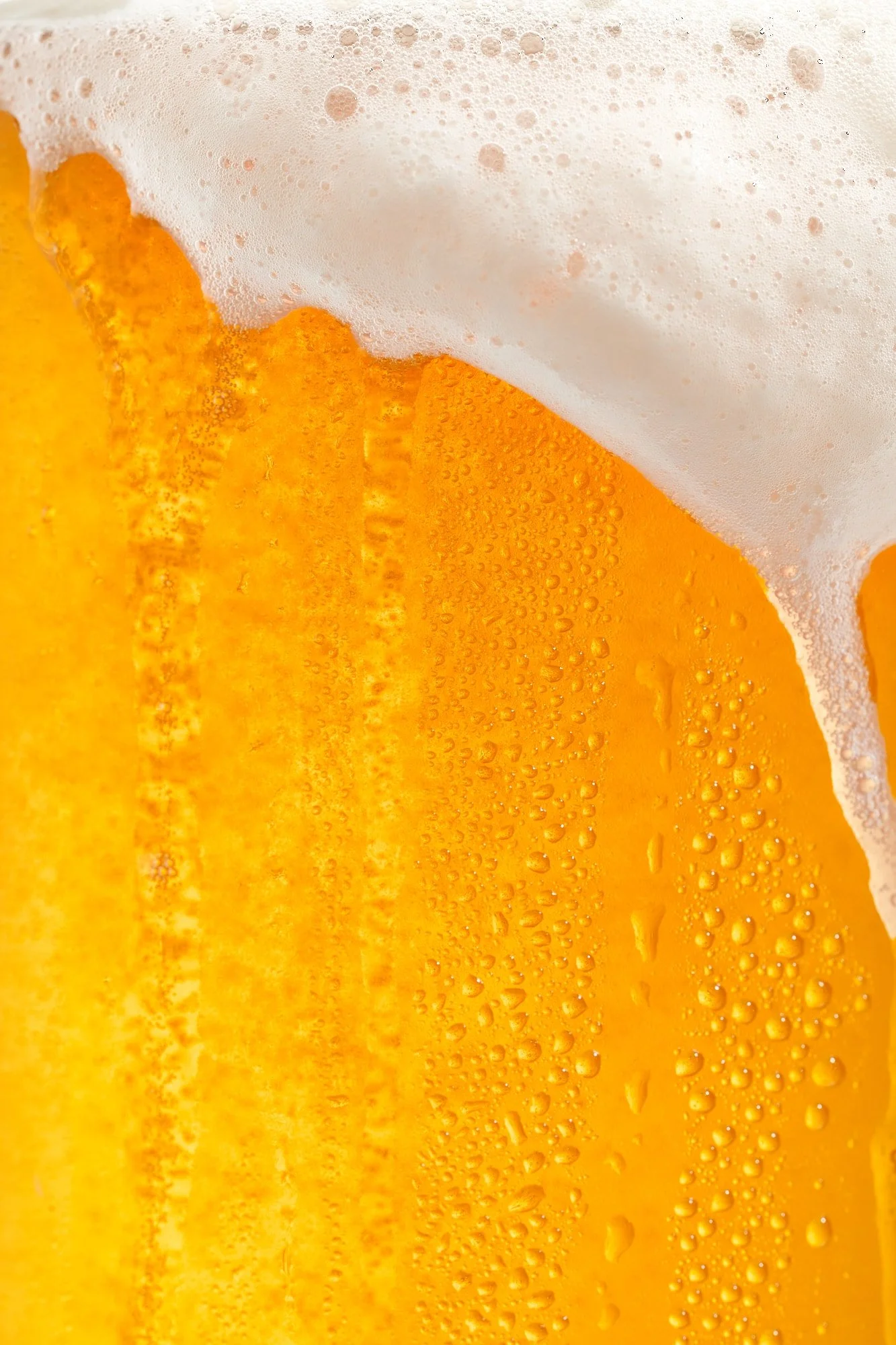 Close-up of golden beer with condensation droplets and a thick white foamy head