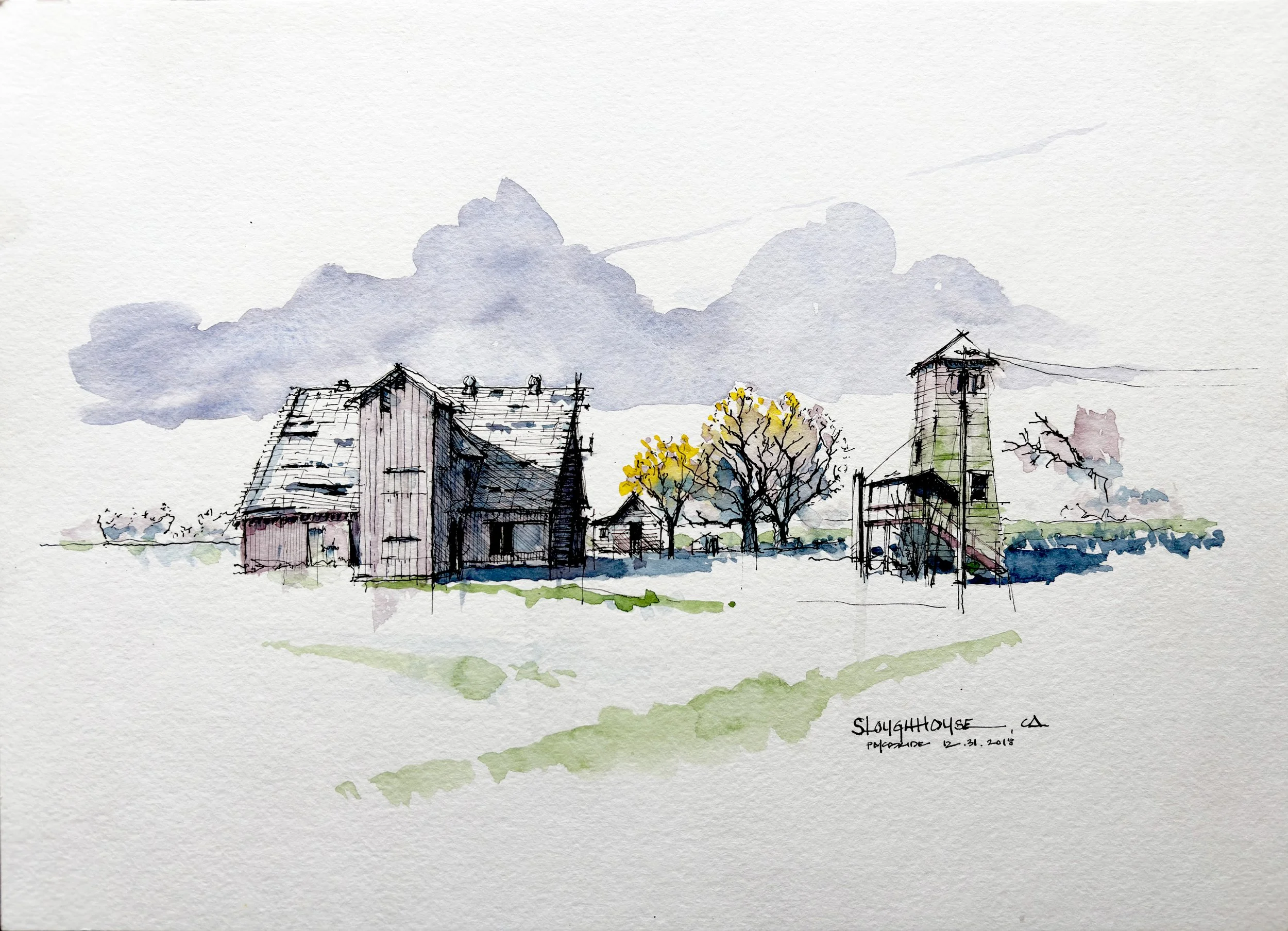 A watercolor painting of rural houses with sloped roofs, trees, and a cloudy sky, titled 'Stoughhouse' and dated 2-21-2018.