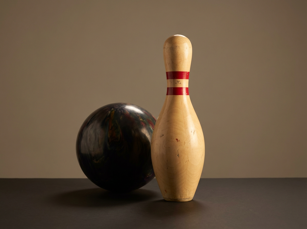 A bowling ball and a bowling pin on a dark surface with a neutral background.