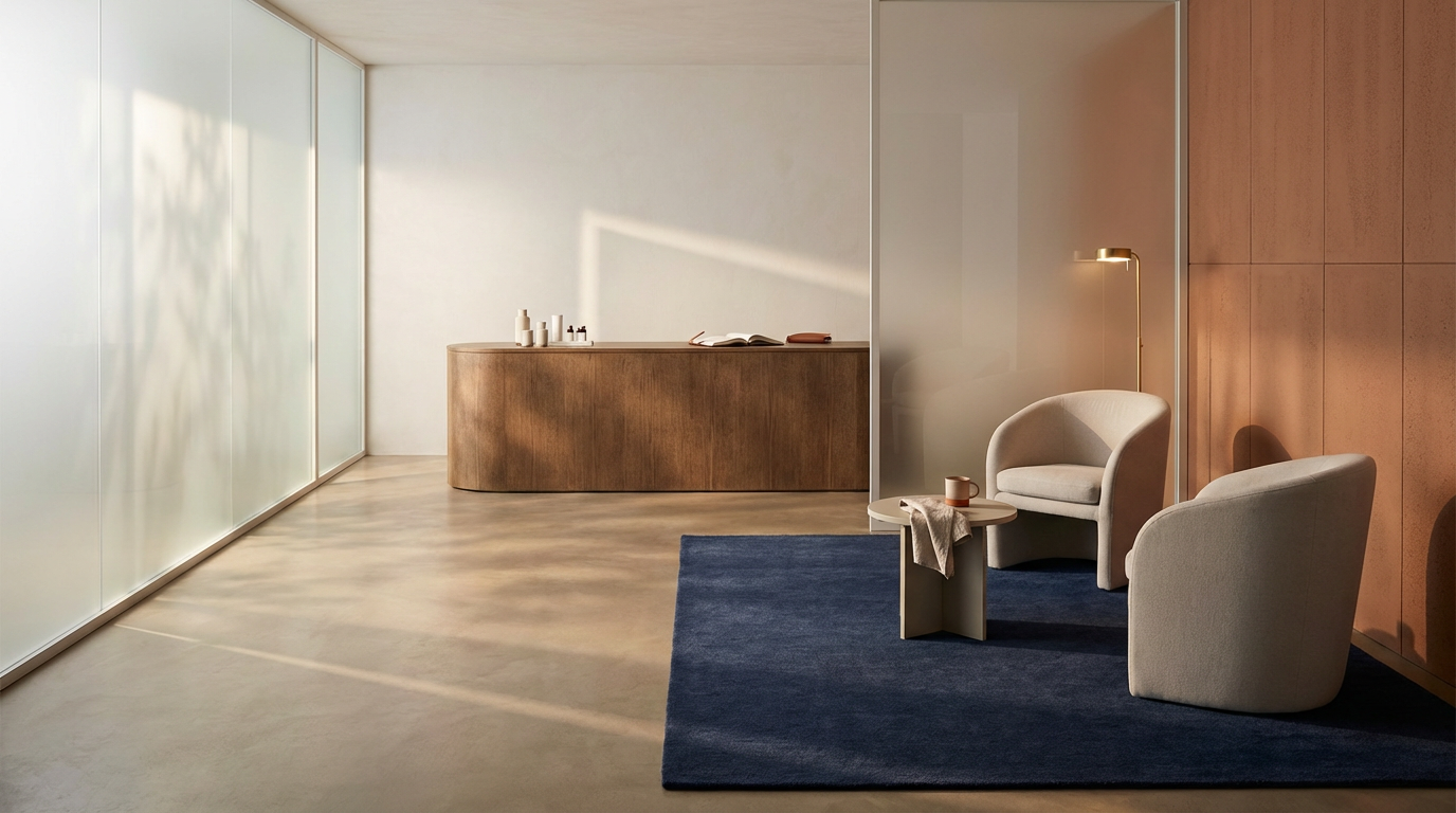 Minimalist waiting area with two beige armchairs, a small round table with a cup and cloth, a dark blue rug, and a light wooden wall with a matching curvy reception desk in the background, illuminated by soft lighting.