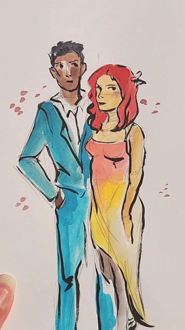 A colorful hand-drawn illustration of a man and a woman standing closely. The man has short black hair, is wearing a blue suit with a white shirt, and has his hand in his pocket. The woman has wavy red hair, is wearing a strapless dress blending pink, yellow, and white colors. The background is plain with some pink decorative spots.